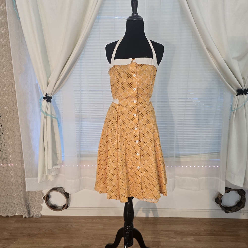 Heartbreaker Fashion Yellow White Daisy Halter Dress with Black Polka Dots XS